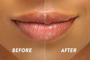 A before/after of a model's lips showing the hydration and shine the mask provides