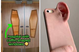 Right image: Phone case mimicking a human ear; left image: Hospital doors resembling coffins