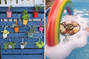 Two images: Left, a fence with hanging potted plants. Right, an inflatable pool tray with snacks