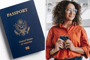 Woman holding a passport, standing next to US passport close-up, indicating travel preparation