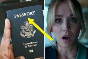 A split image with a hand holding a US passport and a concerned Kaley Cuoco looking surprised
