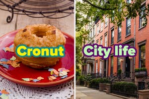 Split image: left side has a pastry labeled "Cronut", right side shows a city street with "City life" text