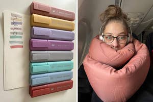 Left: Assorted power banks stacked. Right: Woman on plane using inflatable neck pillow