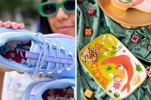 Left: A person holds a sneaker featuring a Flat Socks insole. Right: A board game called "Sushi Go Party!" displayed with accessories