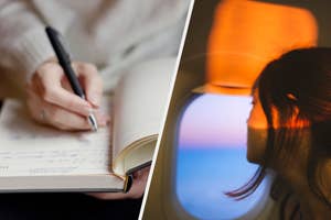 Split image: Left - Close-up of a person writing in a notebook. Right - Silhouetted person looking out an airplane window