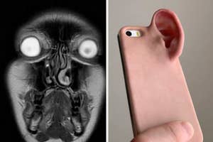 Phone case designed to resemble a human ear on one side