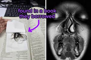 Left: A hand holding a book with a lock of hair. Right: Text "found in a book they borrowed" with arrow pointing left