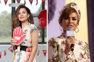 Two images of Eva Longoria; left holding a "Happy's Mother Day" sign, right speaking into a mic, wearing a floral outfit and headscarf
