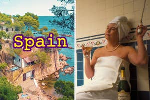 Split image with "Spain" text on left; Right shows a woman with a towel on head, holding a drink, in a bathroom