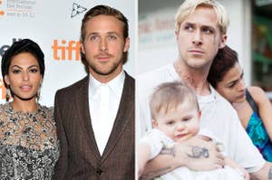 Two side-by-side images: Left, a man and woman in formal attire at a film festival; right, a man, woman, and baby in a candid scene