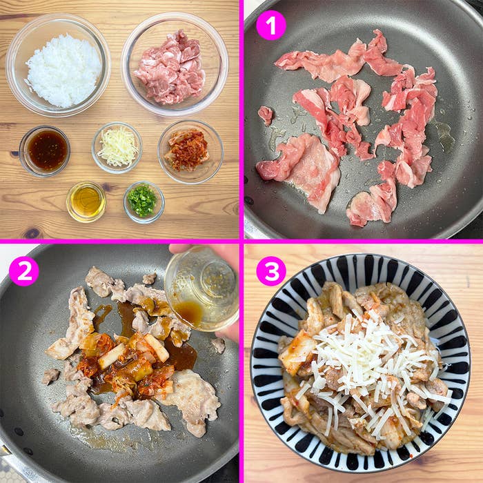 料理過程を示す4枚の写真。1.フライパンで豚肉を焼く。2.ソースを加える。3.完成した料理にチーズをトッピング。