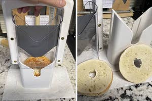 Person using a white bagel slicer with a clear safety shield to evenly slice a bagel in half