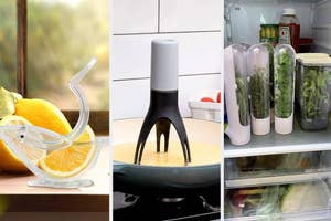 Three kitchen gadgets: a citrus sprayer, an automatic pan stirrer, and a herb preserver in a fridge
