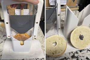 Person using a white bagel slicer with a clear safety shield to evenly slice a bagel in half