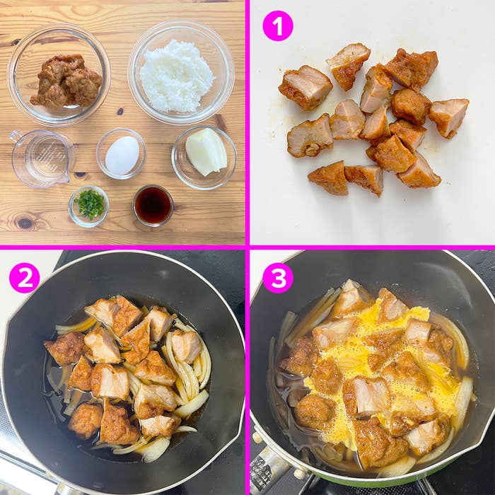 調理手順を示す4枚の写真。1枚目は材料、2枚目は鍋で炒める様子、3枚目は煮込む段階です。