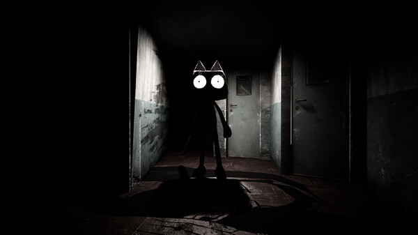 暗い部屋に立つ、目が光る不気味なキャラクター。