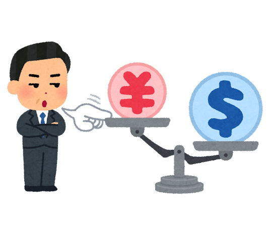 絵柄のキャラクターが天秤で円とドルを比較している。