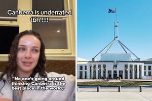 Person smiling with text "Canberra is underrated tbh !!!" and a building with Australian flag above