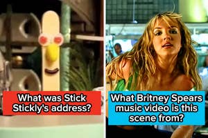 Two side-by-side images; left shows character Stick Stickly, right has Britney Spears from a music video. Text asks about Stickly's address and Spears' video