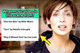 Natalie Imbruglia in the music video for "Torn" with quiz options on the left