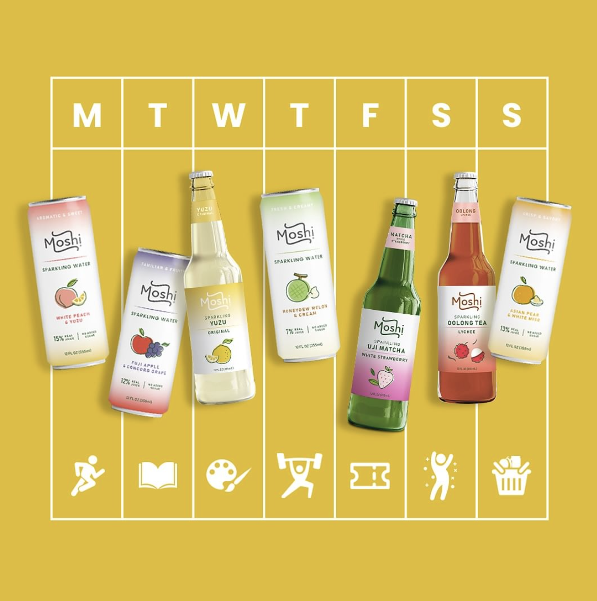 Seven bottles of Moshi sparkling beverages arranged by days of the week with related icons, promoting daily variety