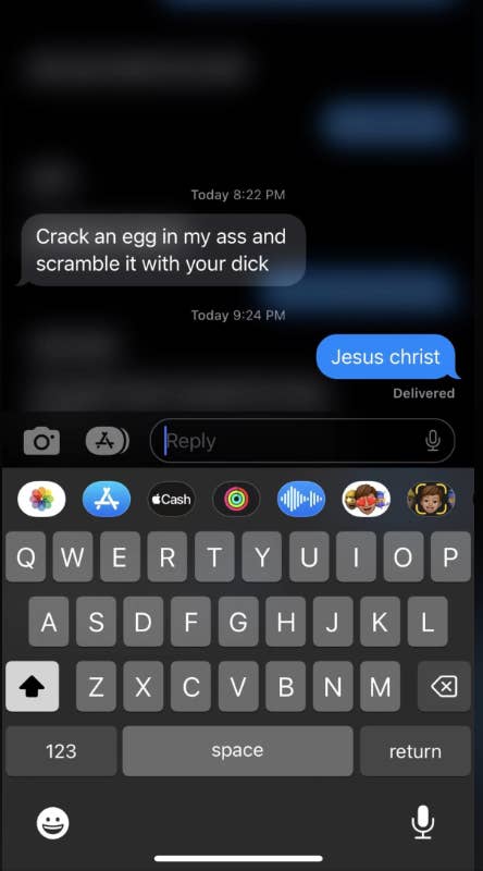 The image shows a text message conversation with an explicit message received and a shocked reply sent