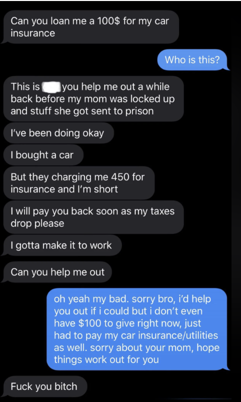 Text conversation showing a request for financial help declined, followed by an offensive response