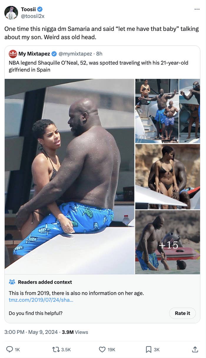 Shaquille O&#x27;Neal on a boat with a partner, wearing swim shorts, interacting affectionately, with inset images of him assisting her on a jet ski