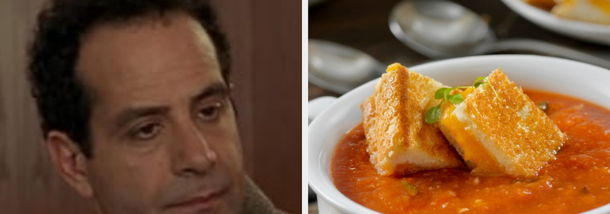 Split image: Left - Actor as TV character, right - Bowl of tomato soup with grilled cheese sandwiches