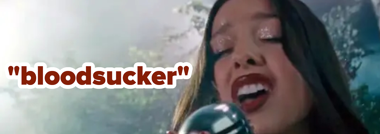 A person holding a microphone with the word "bloodsucker" on screen, expressing strong emotion while singing