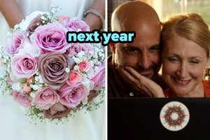 A photo collage with a bouquet on the left, and on the right, a couple smiles while looking at a laptop screen with "next year" text overlay