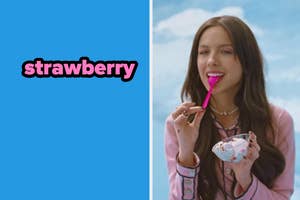 Woman tasting ice cream with a word 'strawberry' at the top left corner