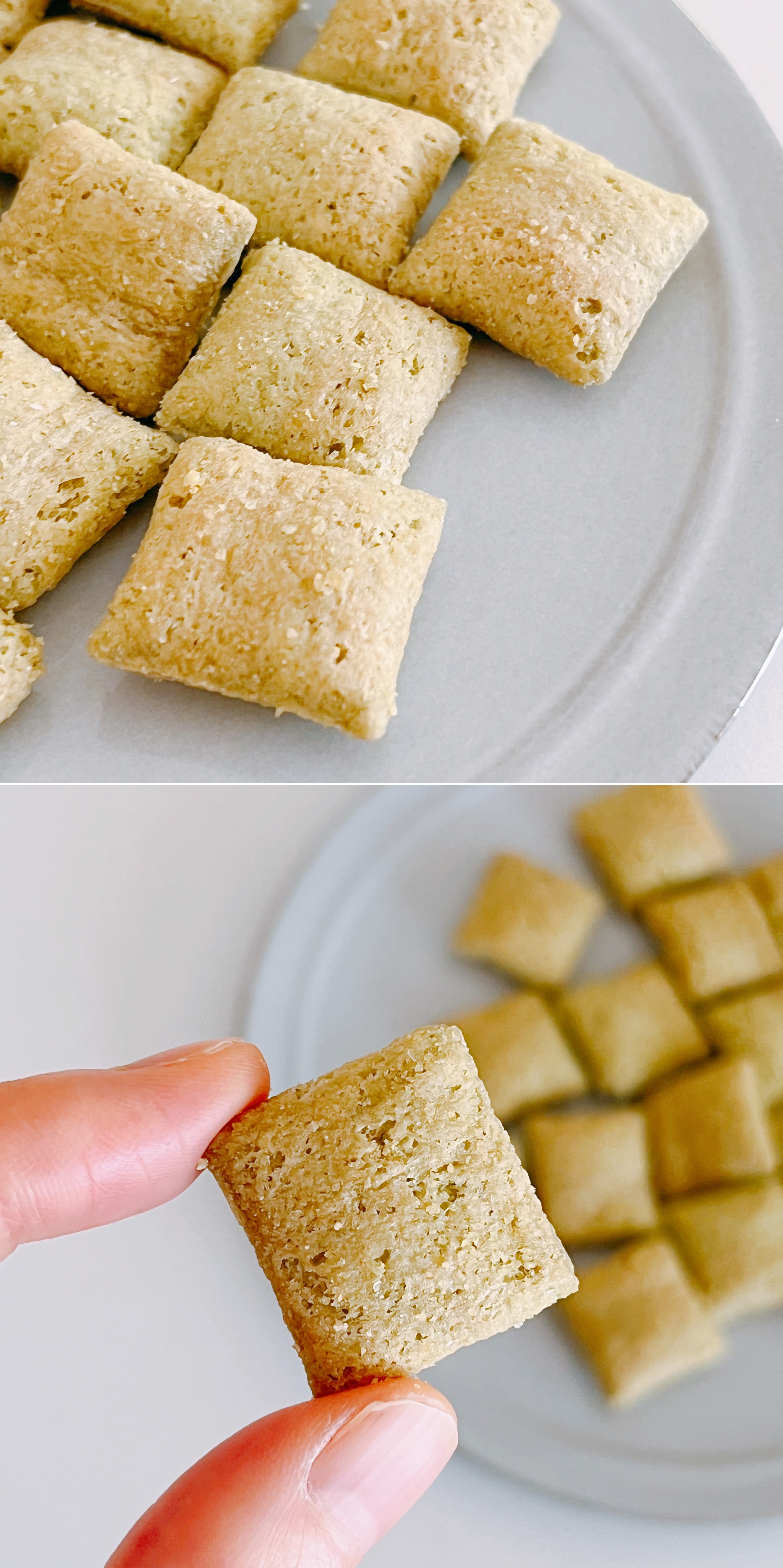 皿に並べられたビスケットと一つを手で持っている様子。