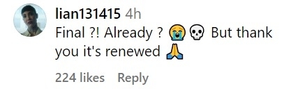 User expresses surprise and gratitude for a show&#x27;s renewal, using &quot;Final&quot; with a sad and a skull emoji, followed by &quot;thank you&quot; with a prayer hands emoji