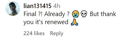 User expresses surprise and gratitude for a show's renewal, using "Final" with a sad and a skull emoji, followed by "thank you" with a prayer hands emoji