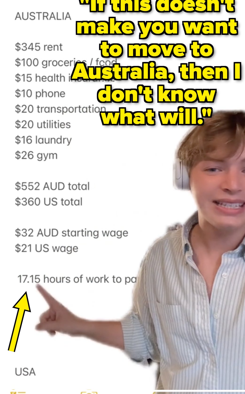 Person presenting a comparison chart of living costs between Australia and USA