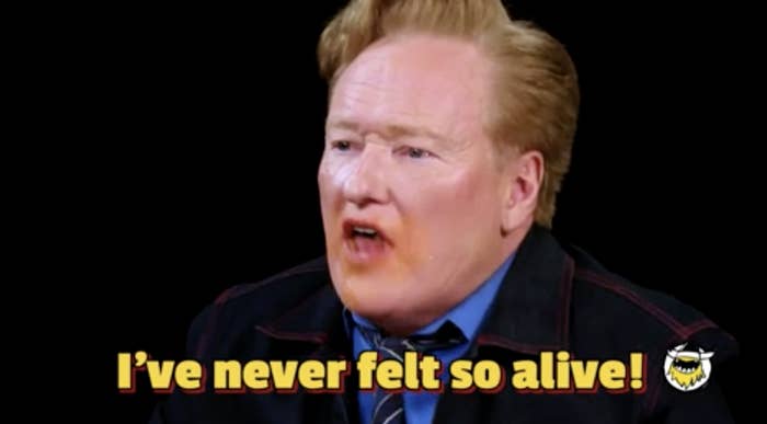 Conan O'Brien with expressive face speaks, captioned "I've never felt so alive!"