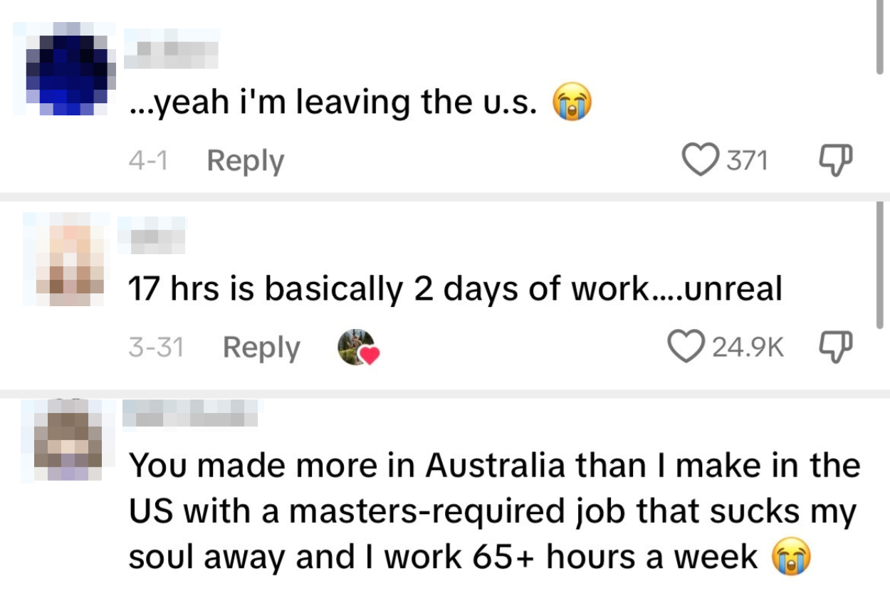 Three social media comments expressing concern over work hours and pay comparison between the U.S. and Australia