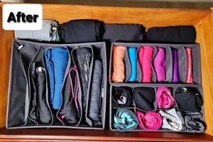 Drawer neatly organized with various folded clothing using dividers for efficient space management