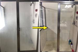 Before and after of a clear glass shower door cleaning, showing improved transparency