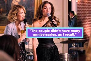 Two women speaking into microphones at a wedding reception with a quote about the couple's anniversaries
