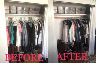 Closet before and after organization, with clothes neatly hung and shoes stored below