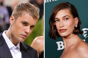 Justin Bieber with a buzz cut in a suit; Hailey Bieber with short hair and earrings