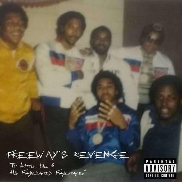 Group of people posing together, one holding a trophy, for an album cover titled &#x27;Freeway&#x27;s Revenge.&#x27;
