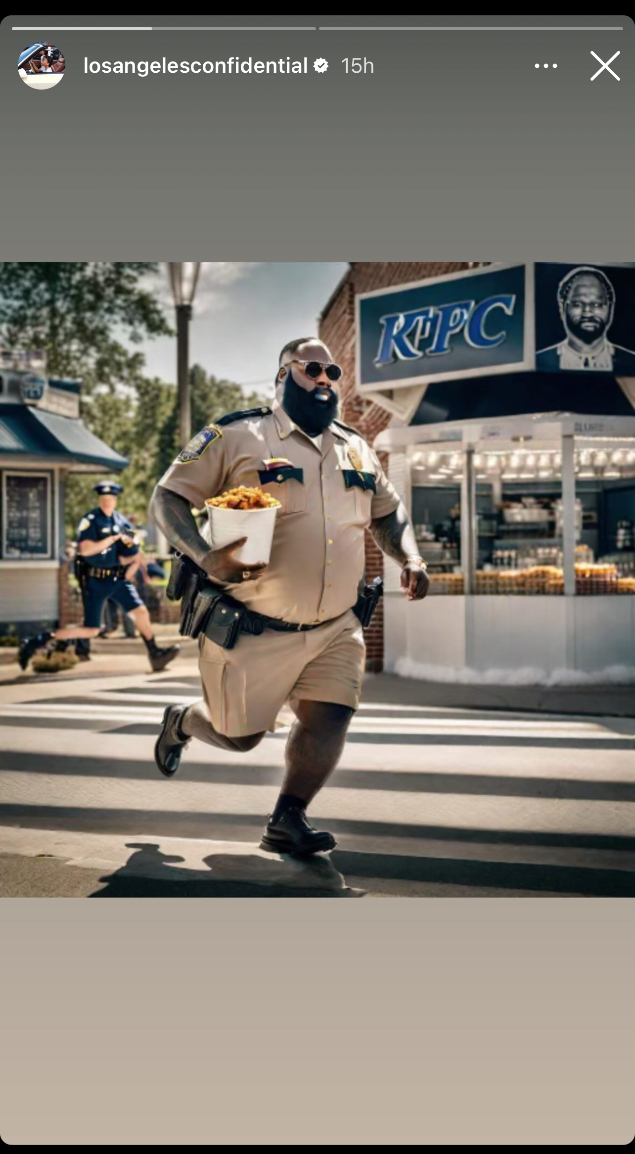Person in police uniform running with a bucket of chicken, in what appears to be a humorous staged photo