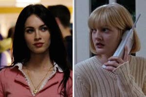 Split image of Megan Fox in "Jennifer's Body" and Taylor Swift's music video, both with serious expressions