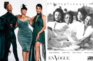 En Vogue group posing in elegant attire for a photoshoot; past and present side by side