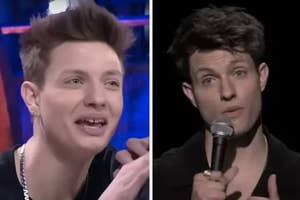 Split-screen image featuring a person with short hair on the left smiling and the same person on the right speaking into a microphone