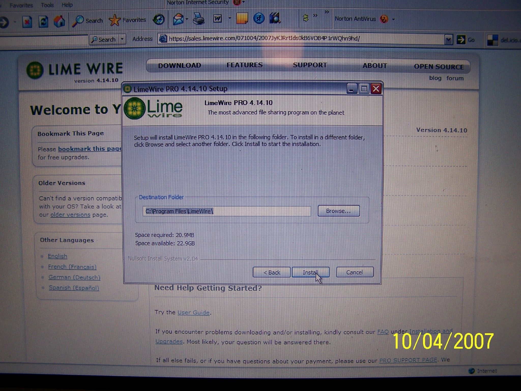 Computer screen with LimeWire PRO 4.14.10 installation dialogue box open, suggesting a destination folder. Date stamped at the bottom right corner