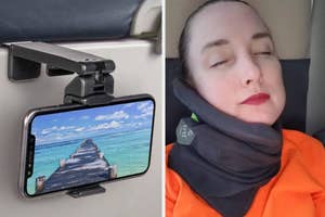 Left: Smartphone mounted on seat back displaying beach scenery. Right: A reviewer resting with a travel pillow around their neck, eyes closed